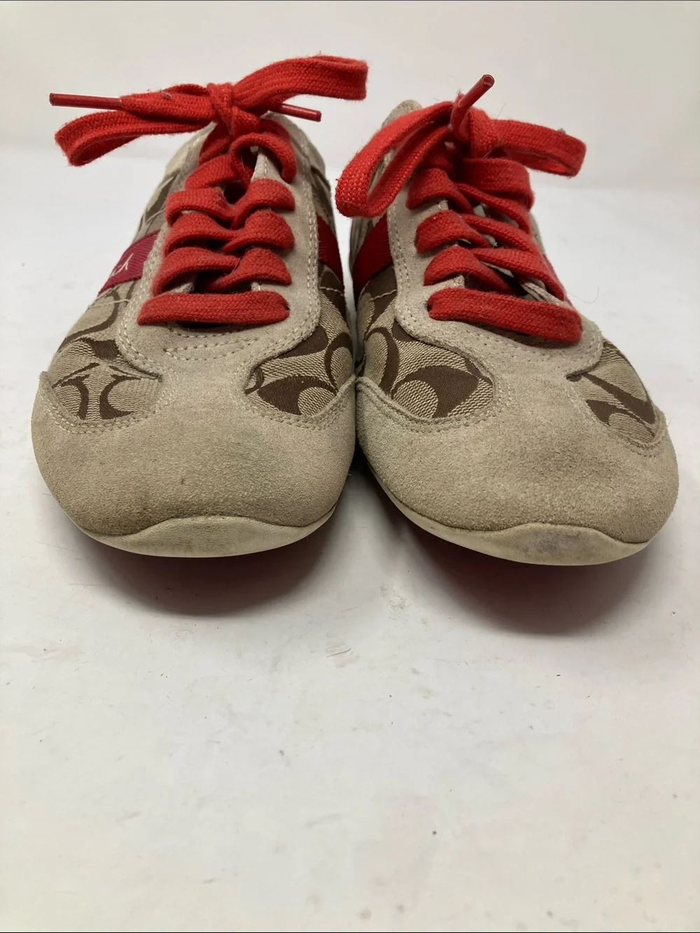 Coach Baylee Signature C Canvas Suede Sneakers Red Tan Sz 7.5 A1474